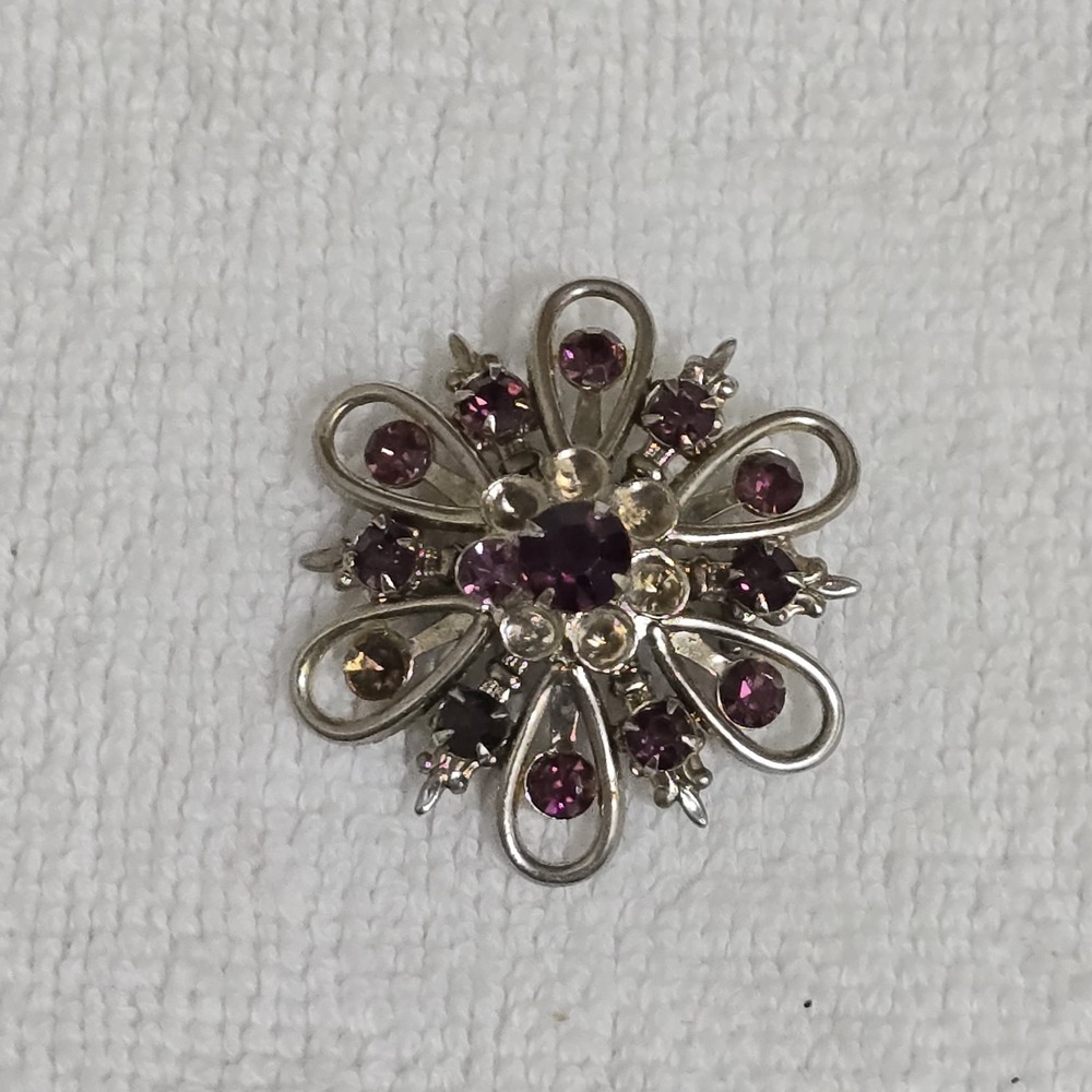 Vintage Costume Jewelry Purple Rhinestone Brooch Pin Starburst Floral 1.25" READ